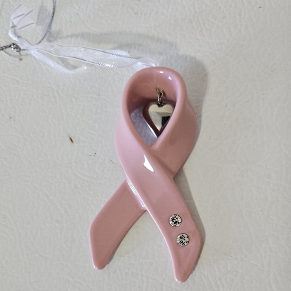 Breast Cancer Awareness Pink Ribbon Christmas Ornament With dangling heart - Picture 1 of 5